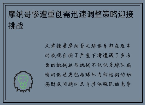 摩纳哥惨遭重创需迅速调整策略迎接挑战