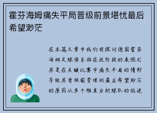 霍芬海姆痛失平局晋级前景堪忧最后希望渺茫