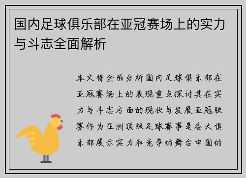 国内足球俱乐部在亚冠赛场上的实力与斗志全面解析