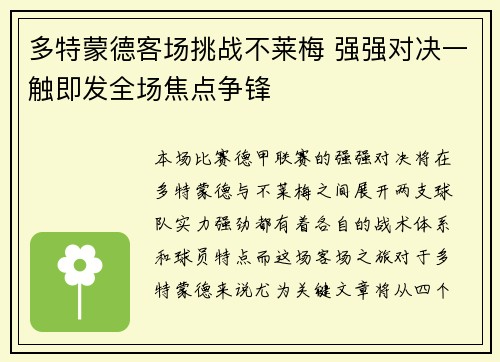多特蒙德客场挑战不莱梅 强强对决一触即发全场焦点争锋