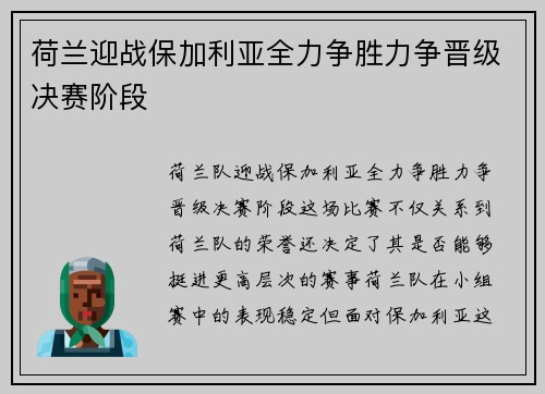 荷兰迎战保加利亚全力争胜力争晋级决赛阶段