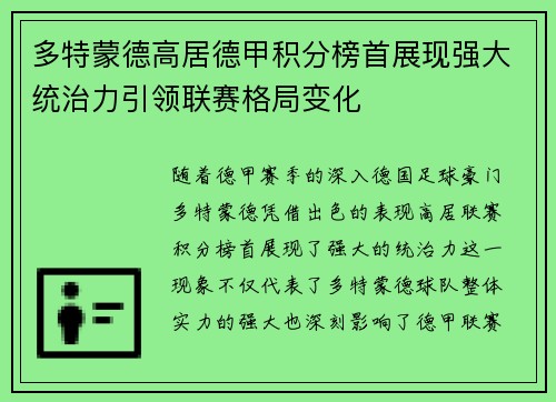 多特蒙德高居德甲积分榜首展现强大统治力引领联赛格局变化